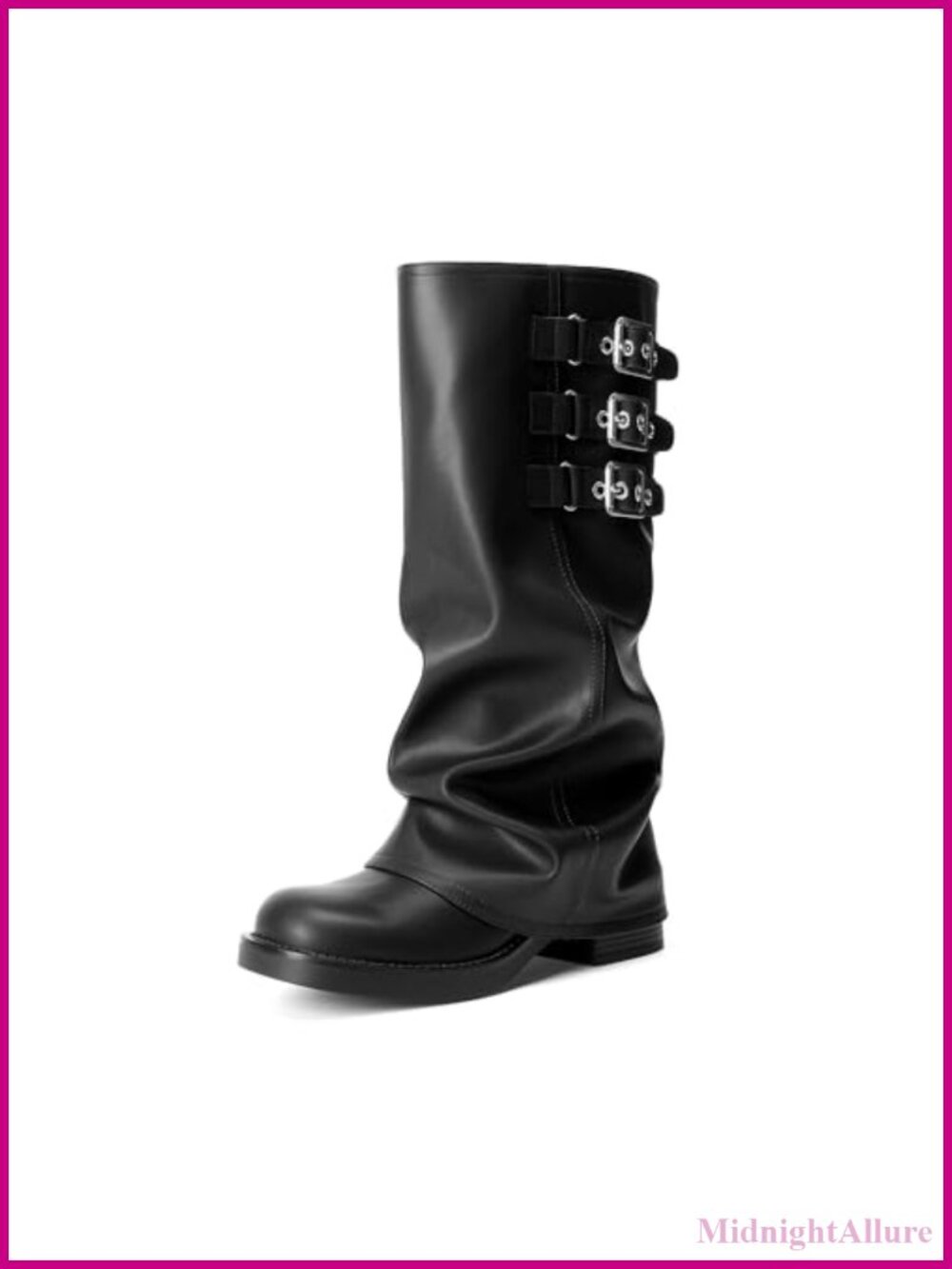 Faux Leather Knee High Fold Over Boots Women Moto Buckle Chunky Heel Slip On
